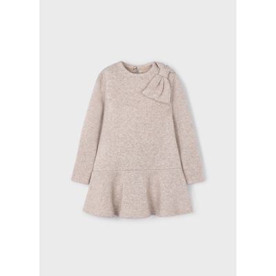 TAUPE KNIT DRESS SPARKLY BOW TRIM LONG SLEEVE / 4991-073
