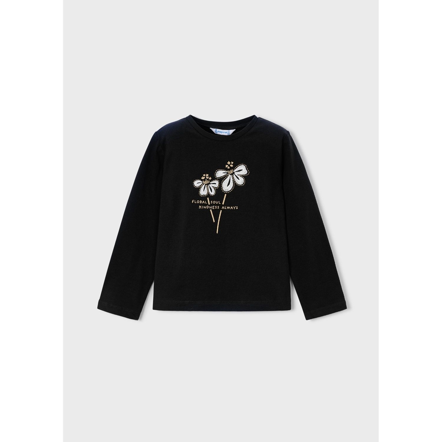 BLACK TSHIRT LONG SLEEVE FLORAL SOUL APPLIQUE / 178-014
