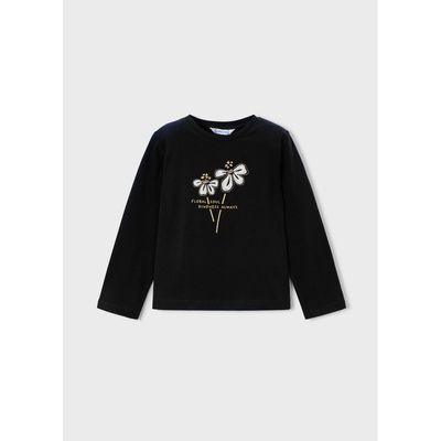 BLACK TSHIRT LONG SLEEVE FLORAL SOUL APPLIQUE / 178-014
