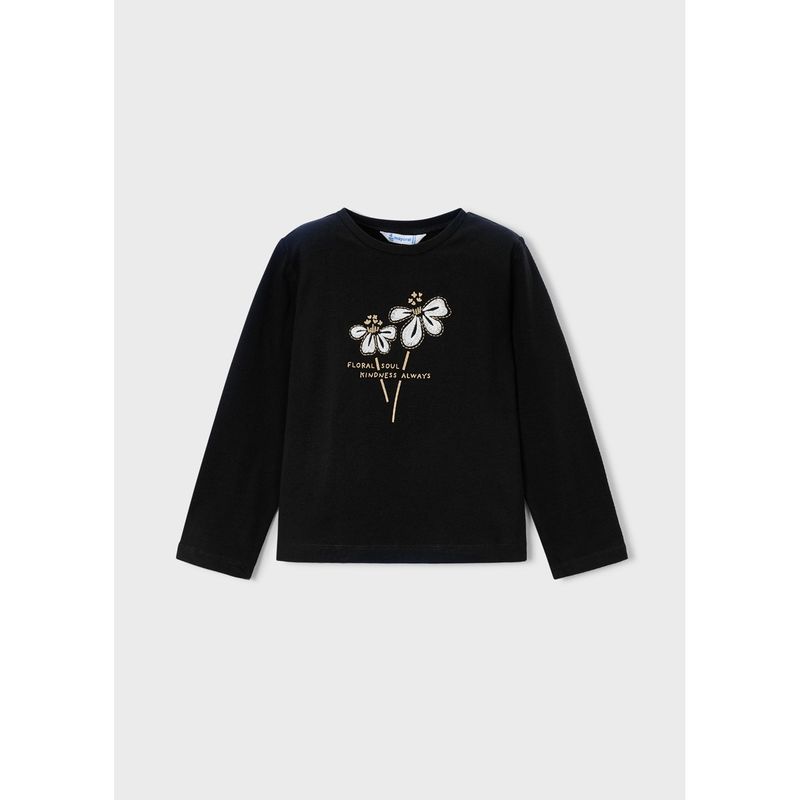 BLACK TSHIRT LONG SLEEVE FLORAL SOUL APPLIQUE / 178-014