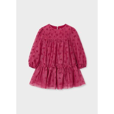 RED TULLE DRESS SPARLES & FLOWER APPLIQUE LONG SLEEVE / 4919-051