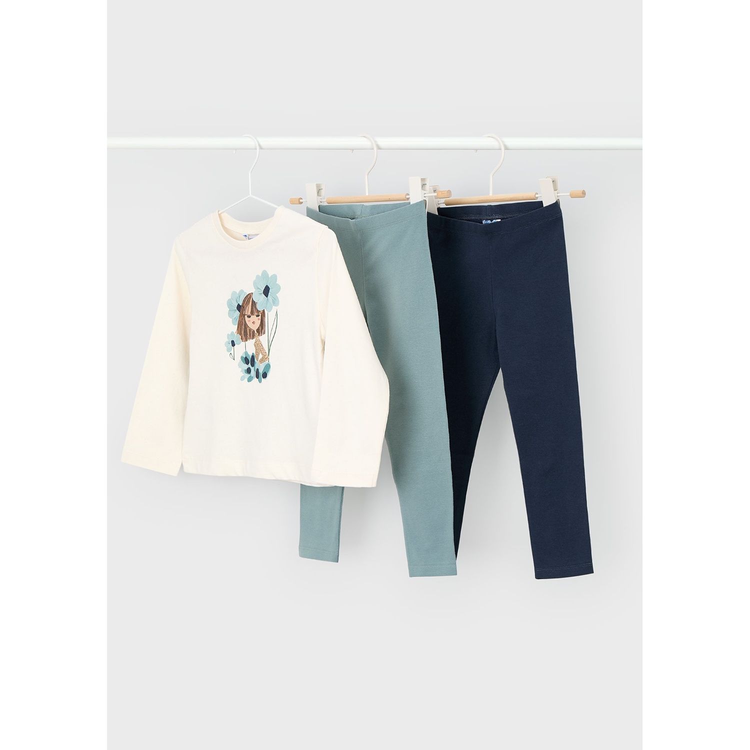 3PC BEIGE GREEN & NAVY LEGGING SET GIRL PRINT / 4724-049