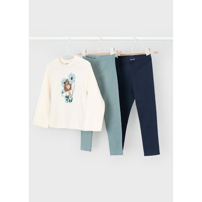 3PC BEIGE GREEN & NAVY LEGGING SET GIRL PRINT / 4724-049