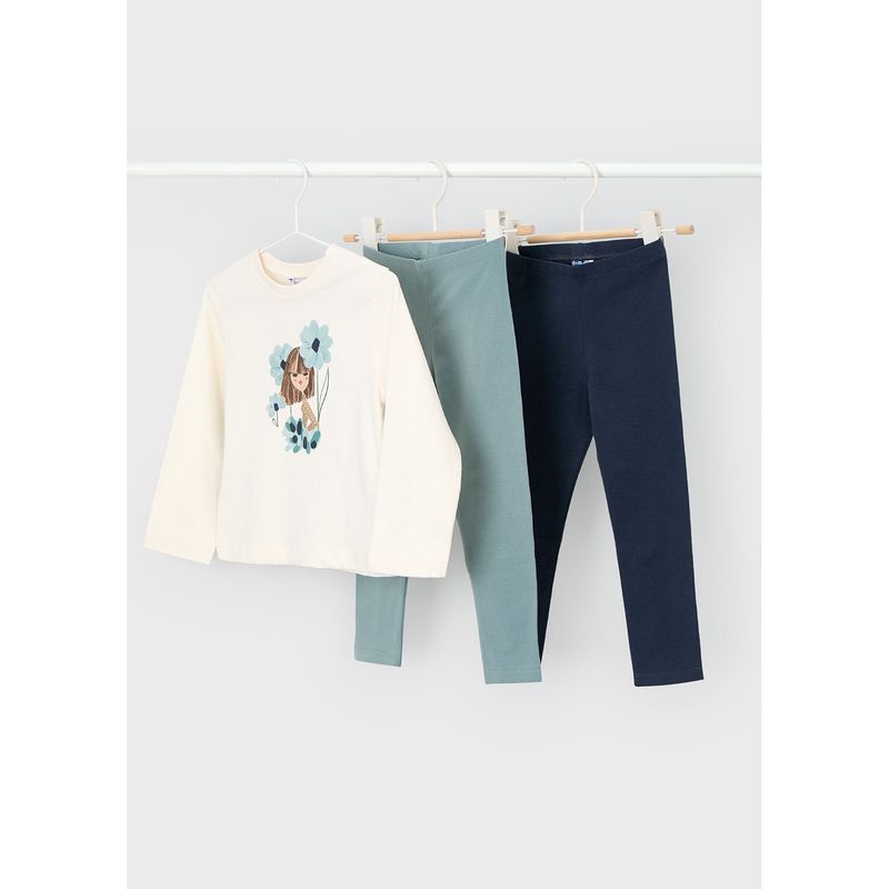 3PC BEIGE GREEN & NAVY LEGGING SET GIRL PRINT / 4724-049