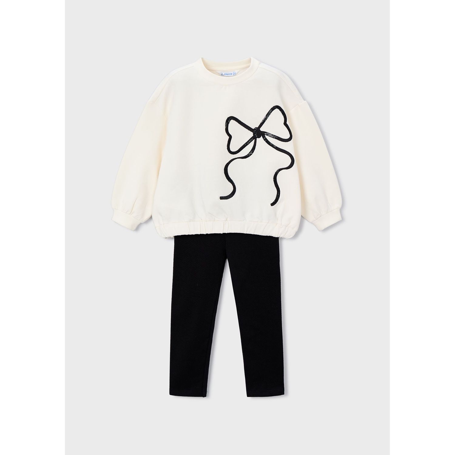 2PC BEIGE & BLACK LEGGING SET BOW APPLIQUE / 4720-026