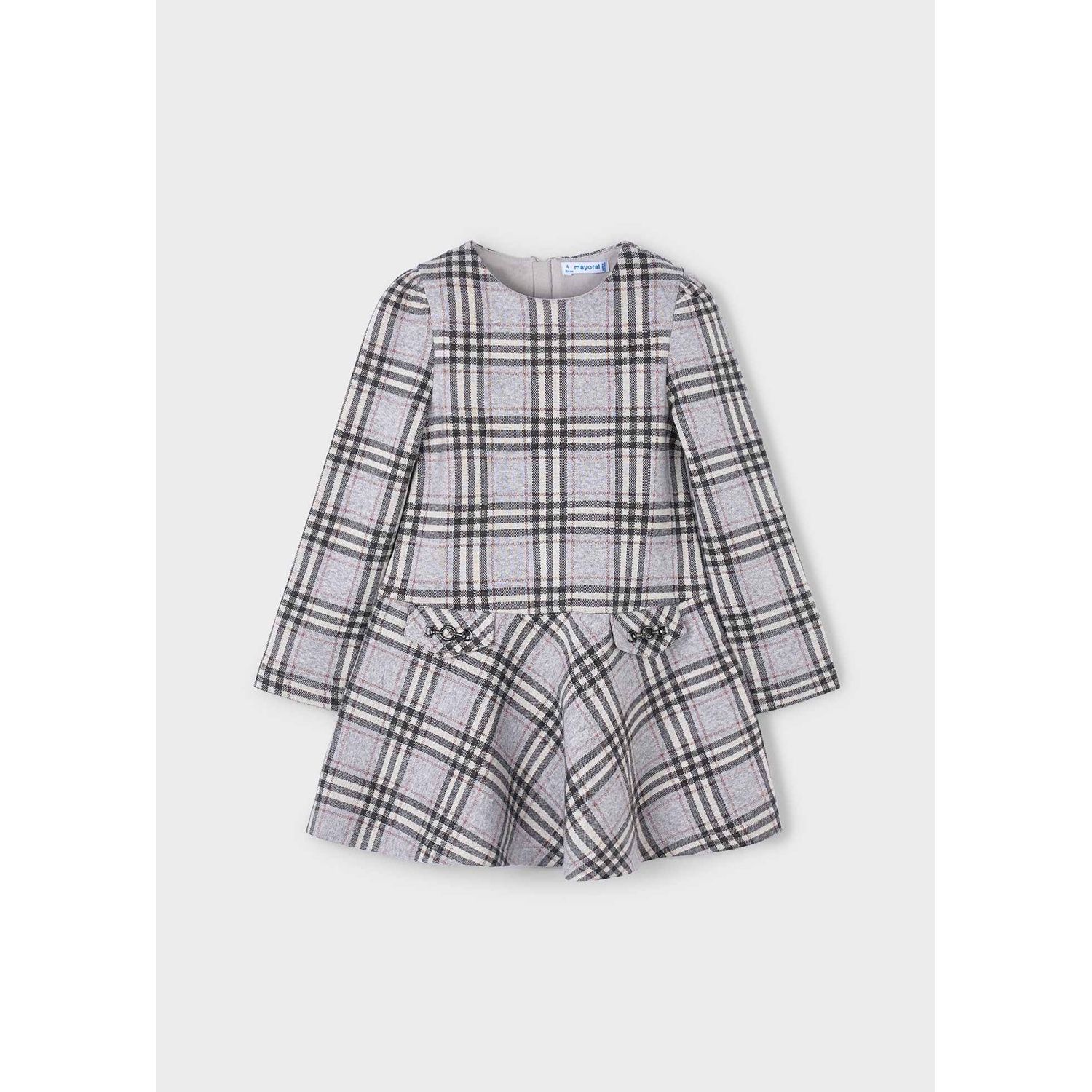 GREY SILVER KNIT DRESS PLAID PRINT FLARE SKIRT / 4921-088