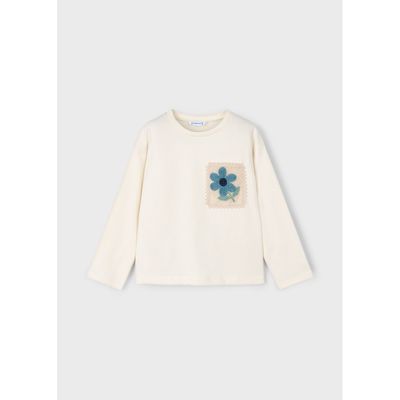 BEIGE TSHIRT CROCHET AQUA FLOWER APPLIQUE / 4004-078