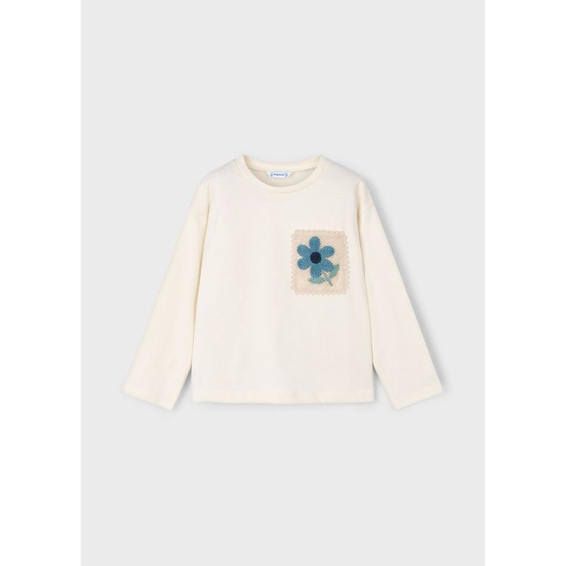 BEIGE TSHIRT CROCHET AQUA FLOWER APPLIQUE / 4004-078