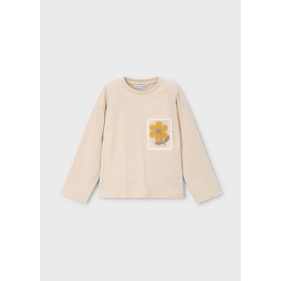 TAUPE TSHIRT CROCHET FLOWER APPLIQUE / 4004-079