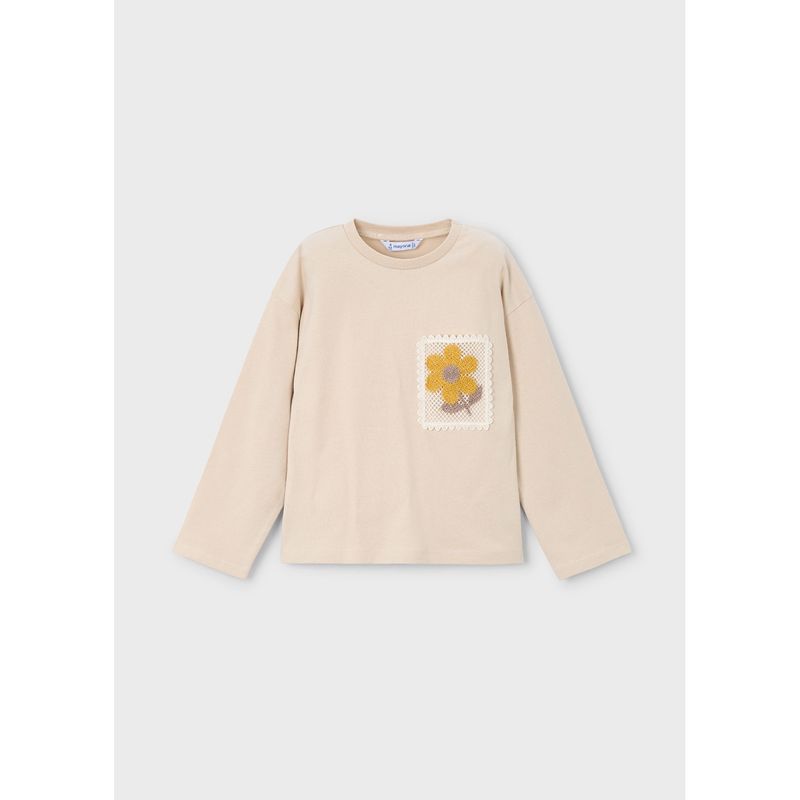 TAUPE TSHIRT CROCHET FLOWER APPLIQUE / 4004-079