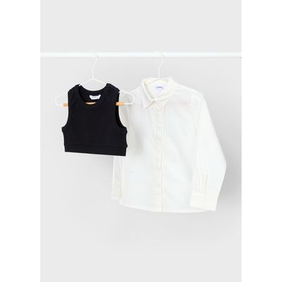 2PC CREAM BLOUSE BLACK VEST SET / 4317-036