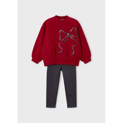RED & CHARCOAL LEGGING SET SEQUIN BOW APPLIQUE / 4720-027