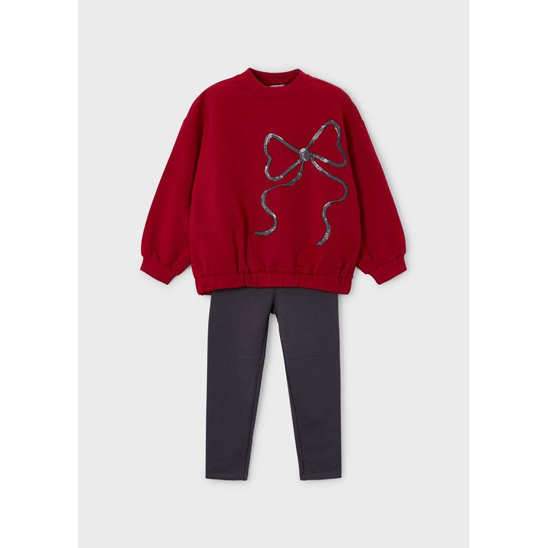 RED & CHARCOAL LEGGING SET SEQUIN BOW APPLIQUE / 4720-027