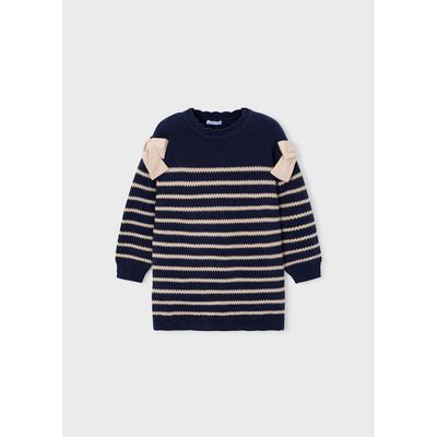 NAVY & TAN STRIPED KNIT DRESS BOW TRIM / 4916-026