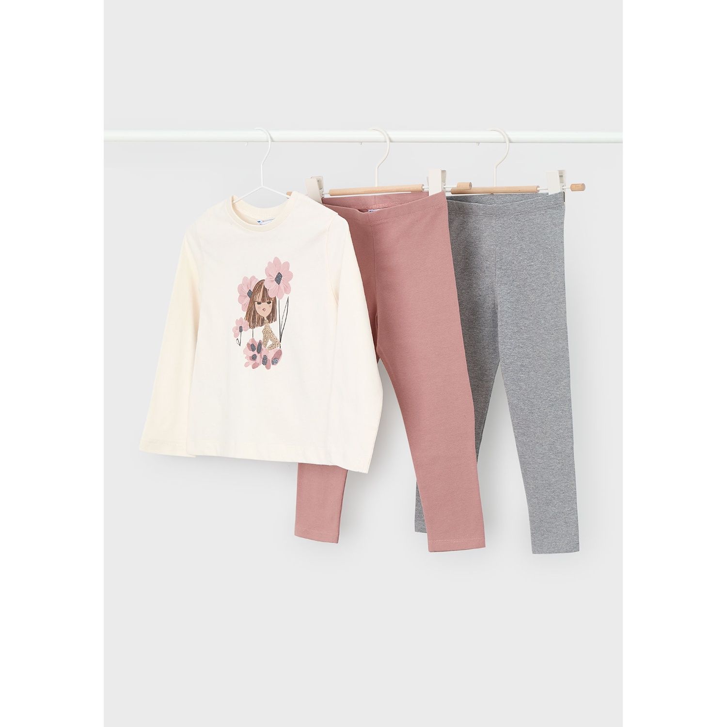 3PC BEIGE PINK & GREY LEGGING SET GIRL PRINT 2 LEGGINGS / 4724-047