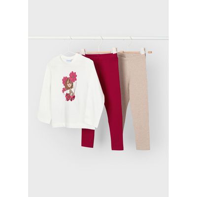 3PC CREAM RED & BEIGE LEGGING SET 2 LEGGINGS / 4724-048