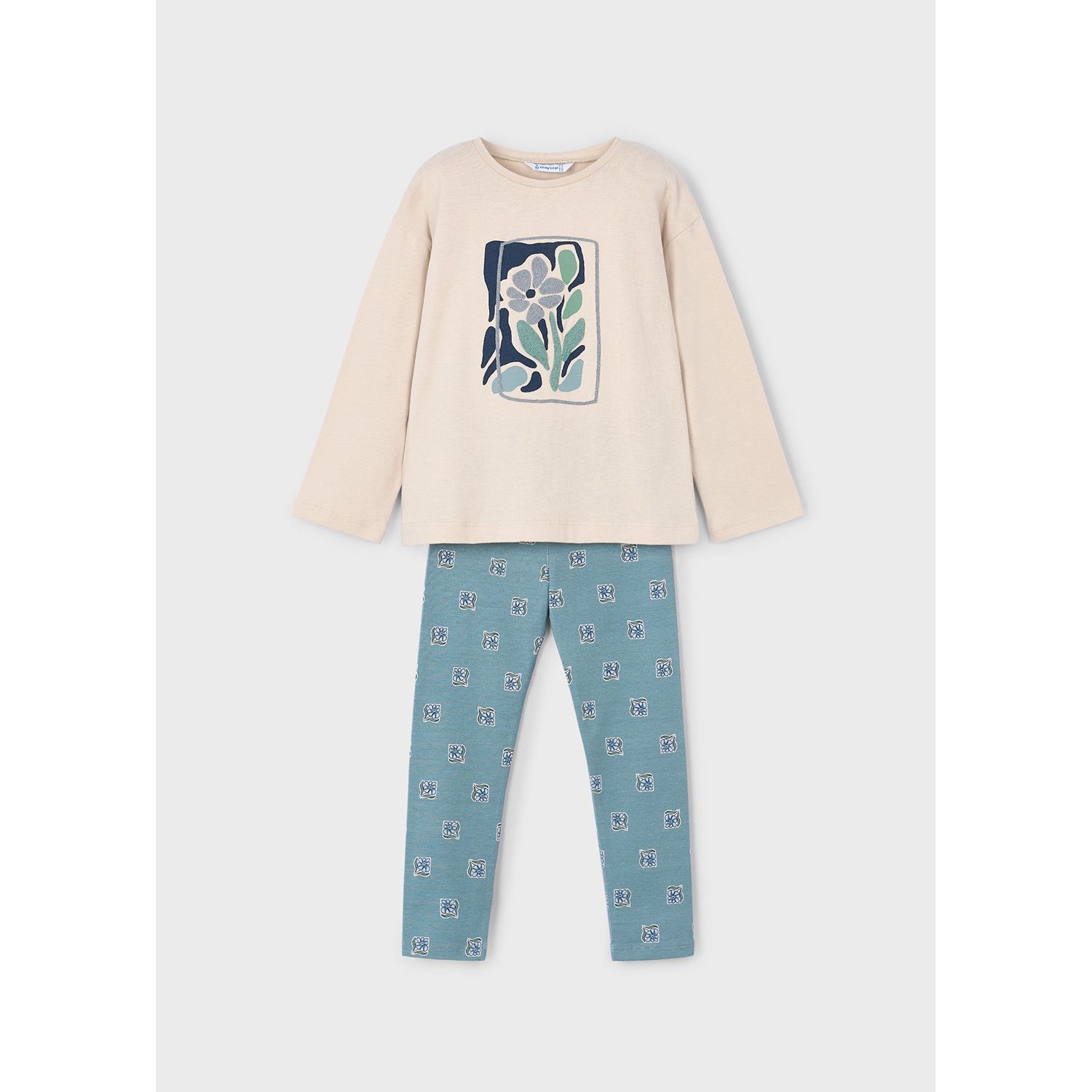 2PC TAUPE & GREEN LEGGING SET FLORAL LEGGING & EMBROIDRY FLOWER / 4719-023