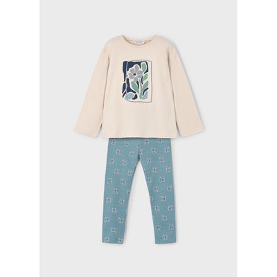2PC TAUPE & GREEN LEGGING SET FLORAL LEGGING & EMBROIDRY FLOWER / 4719-023