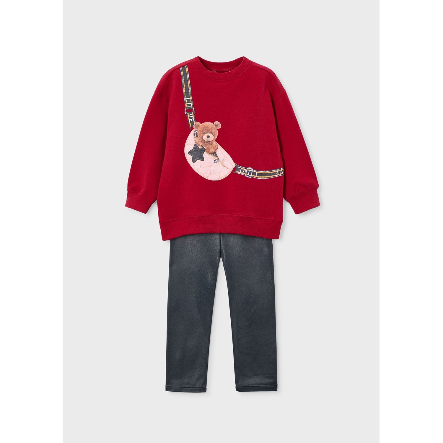 2PC RED & GREY LEGGING SET BEAR PRINT & PLEATHER LEGGING / 4727-058