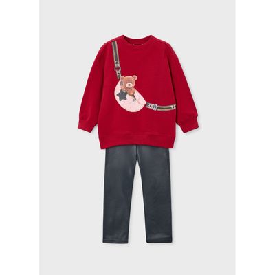 2PC RED & GREY LEGGING SET BEAR PRINT & PLEATHER LEGGING / 4727-058