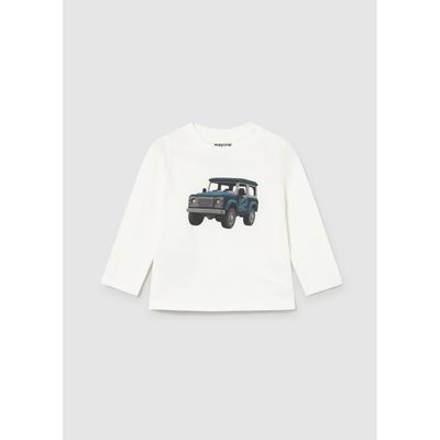 CREAM TSHIRT GREEN CAR PRINT LONG SLEEVE / 2066-026