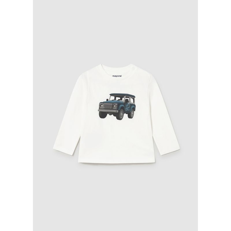 CREAM TSHIRT GREEN CAR PRINT LONG SLEEVE / 2066-026