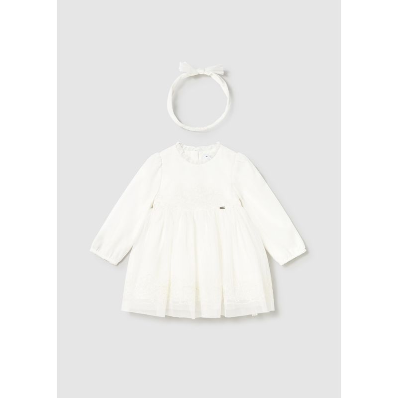 2PC OFF WHITE EMBROIDED TULLE DRESS & HEADBAND / 2902-064