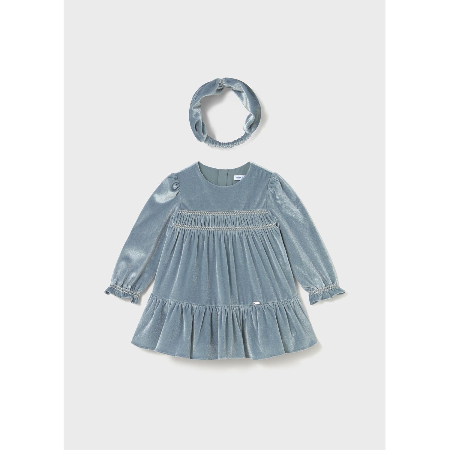 2PC BLUE BELL VELOUR DRESS & HEADBAND SMOCKED EFFECT / 2904-072