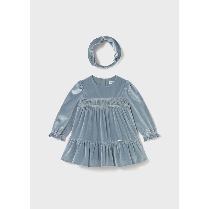 2PC BLUE BELL VELOUR DRESS & HEADBAND SMOCKED EFFECT / 2904-072
