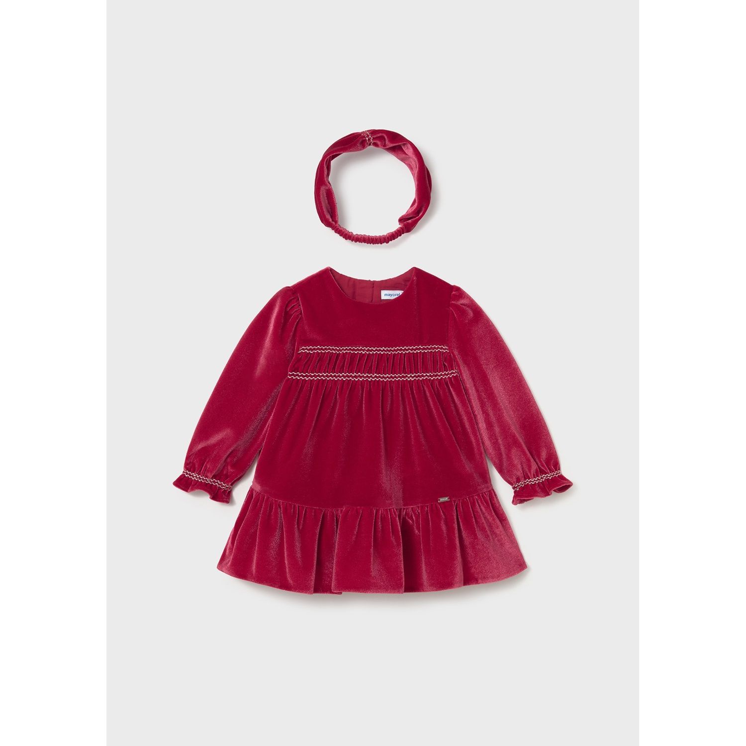 2PC RED VELOUR DRESS & HEADBAND SMOCKED EFFECT / 2904-075