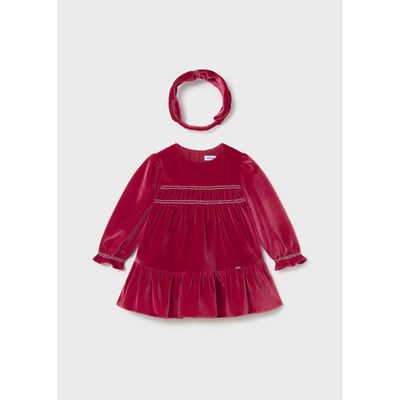 2PC RED VELOUR DRESS & HEADBAND SMOCKED EFFECT / 2904-075