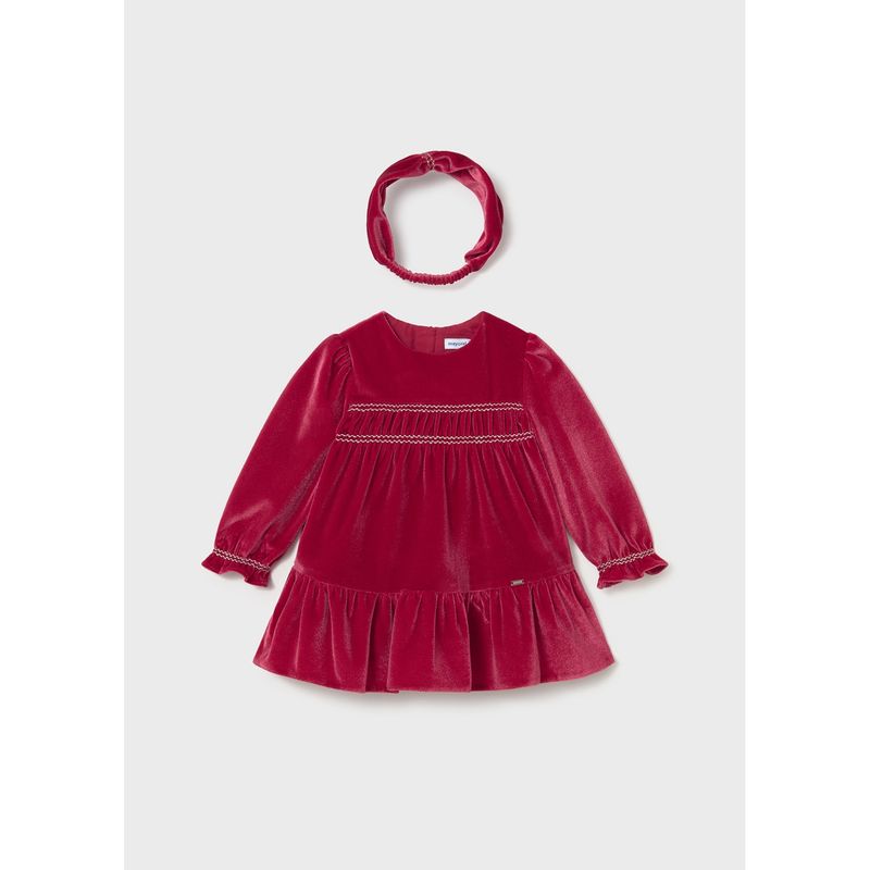 2PC RED VELOUR DRESS & HEADBAND SMOCKED EFFECT / 2904-075