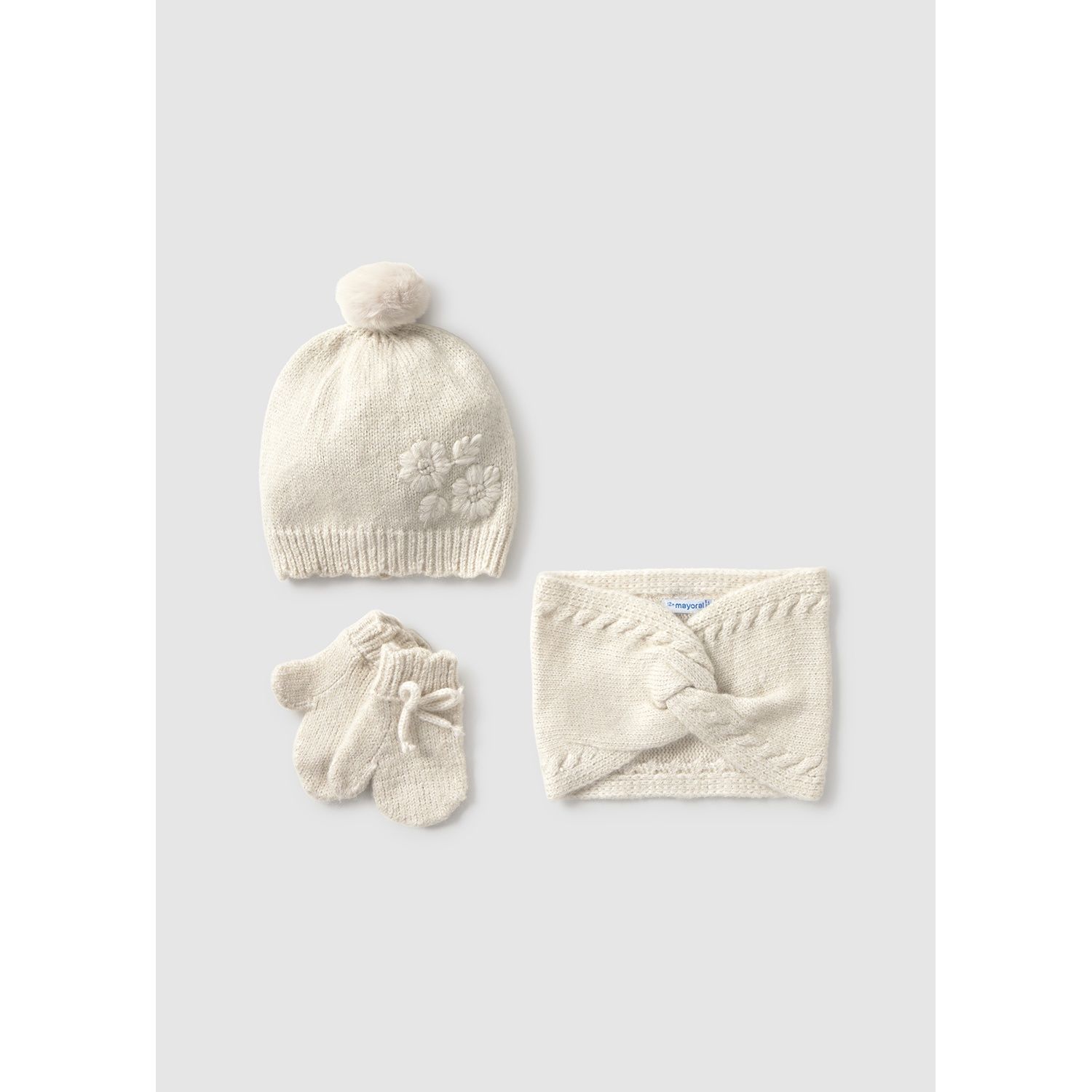 3PC BEIGE KNIT HAT NECKWARMER & MITTENS SET / 10019-048
