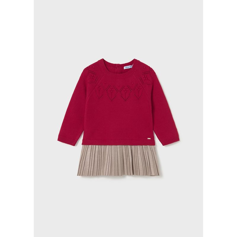 RED KNIT DRESS TAUPE PLEATED SKIRT / 2908-038