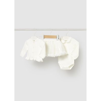 3PC OFF WHITE KNIT CARDIGAN TULLE SKIRT & BODYSUIT / 2830-060