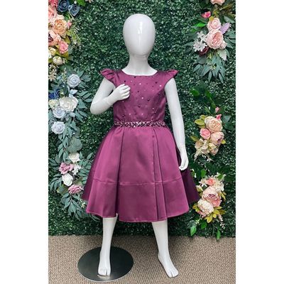 BURGUNDY DRESS LARGE PANEL SKIRT PEARL BELT TRIM / 2814
