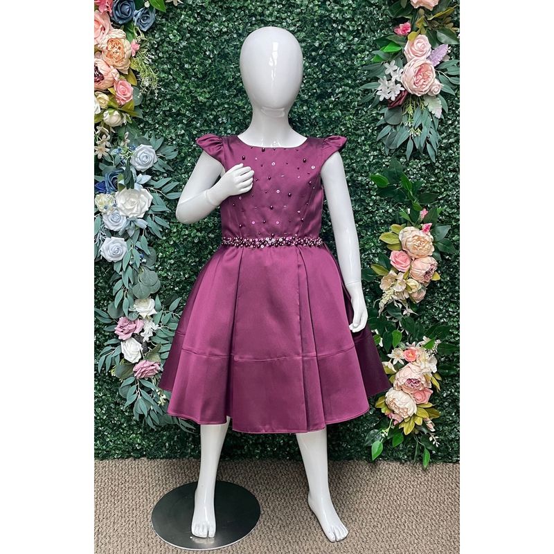 BURGUNDY DRESS LARGE PANEL SKIRT PEARL BELT TRIM / 2814