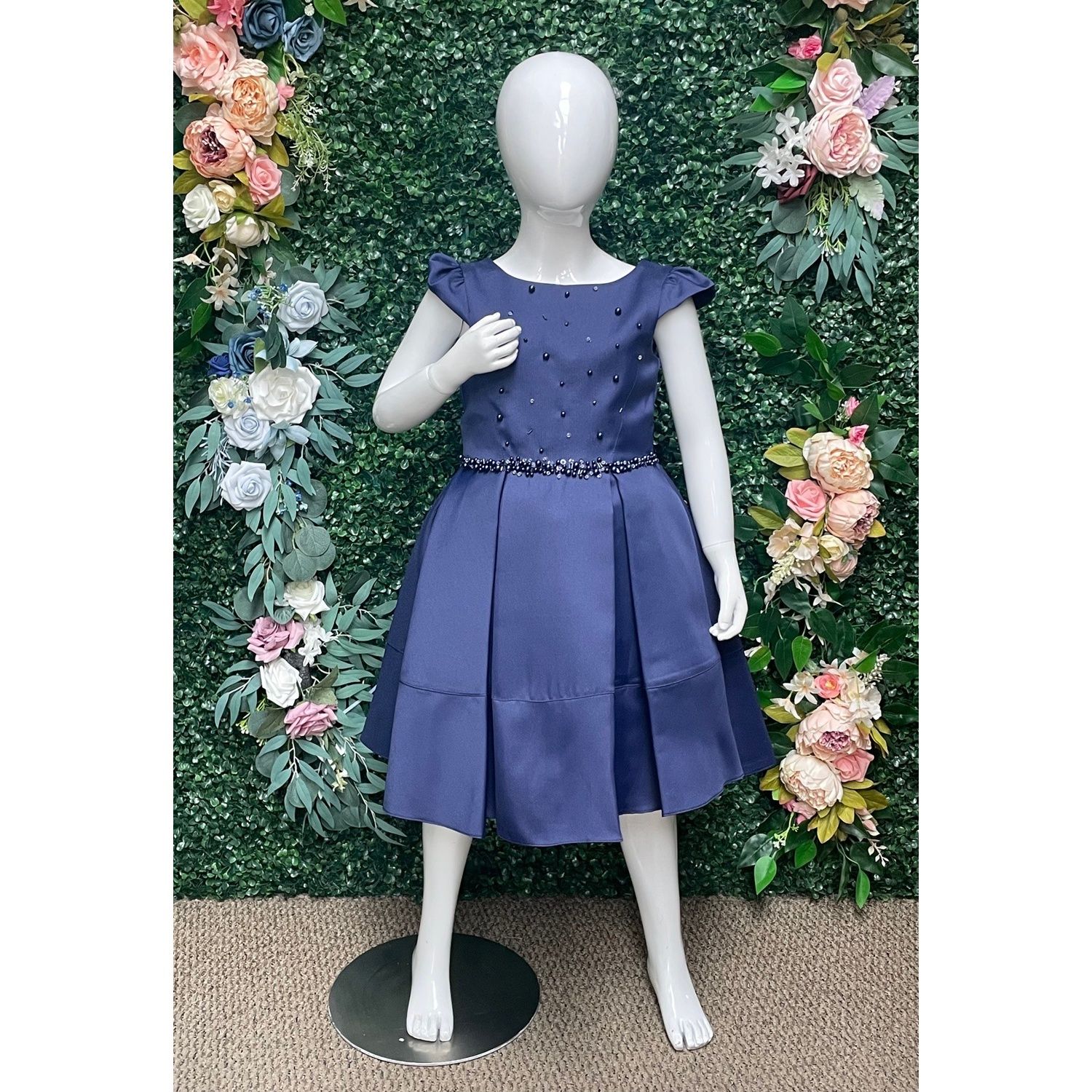 NAVY DRESS TAFFETTA PEARL WAISTBAND TRIM PLEATED SKIRT / 2814