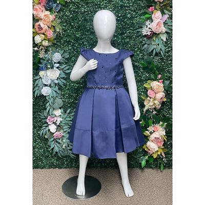 NAVY DRESS TAFFETTA PEARL WAISTBAND TRIM PLEATED SKIRT / 2814