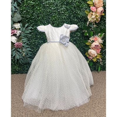 WHITE DRESS BLUE FLOWER APPLIQUE  DOTTED TULLE SKIRT / 306