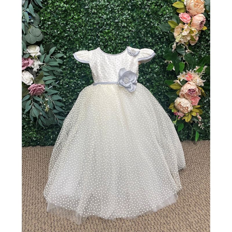 WHITE DRESS BLUE FLOWER APPLIQUE  DOTTED TULLE SKIRT / 306