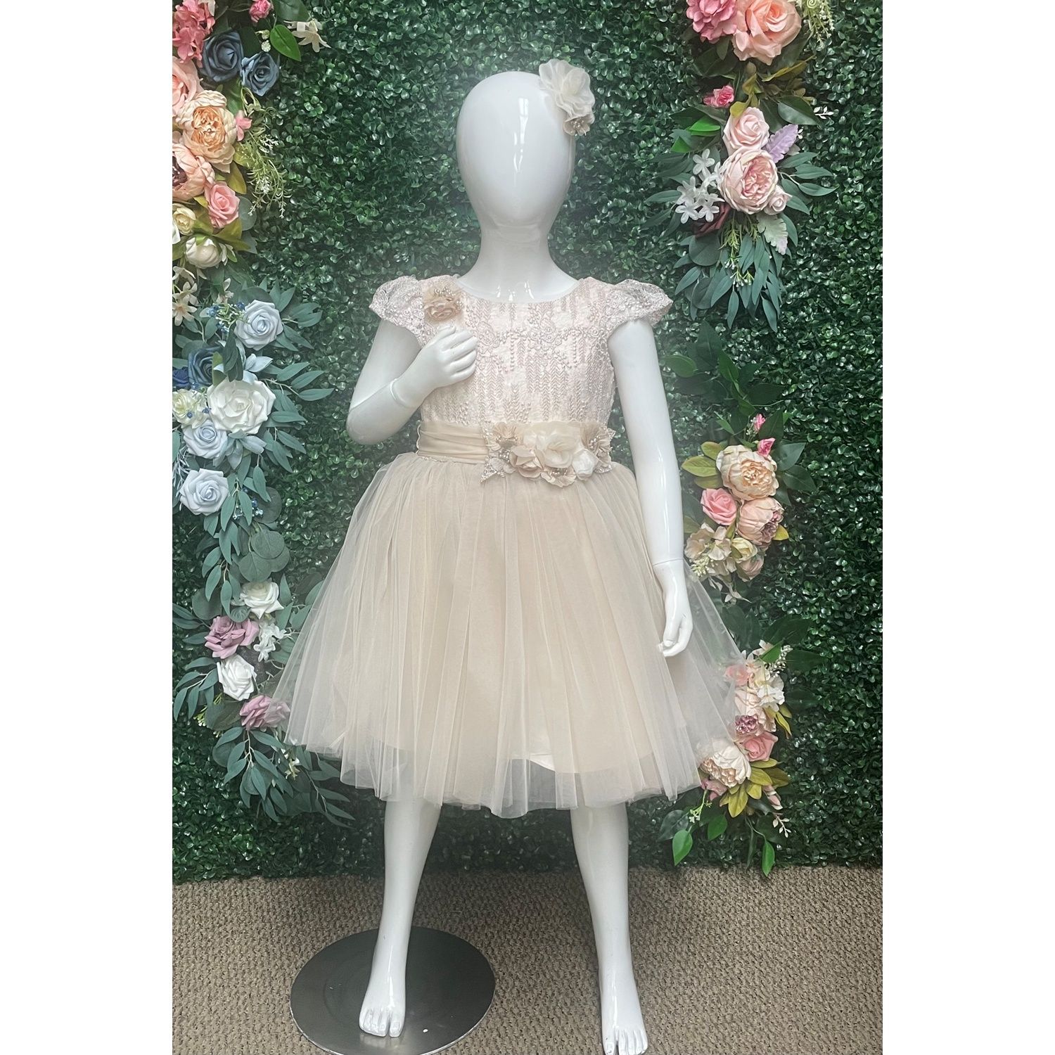 2PC BEIGE DRESS & HAIRCLIP LACE BODICE TULLE SKIRT FLOWER TRIM BELT / 2414