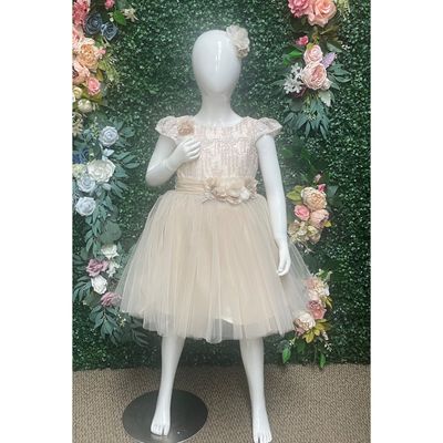 2PC BEIGE DRESS & HAIRCLIP LACE BODICE TULLE SKIRT FLOWER TRIM BELT / 2414