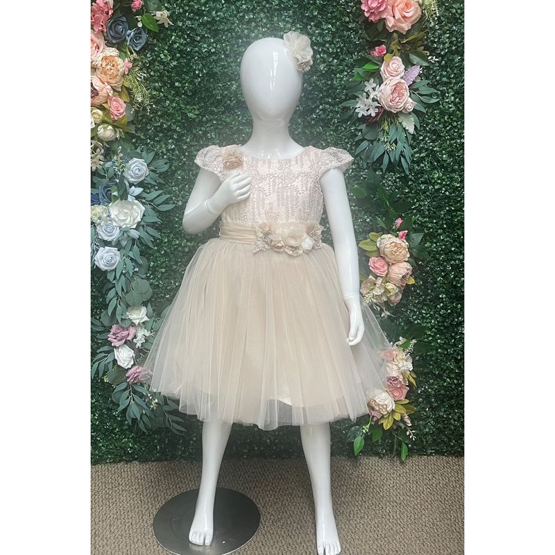 2PC BEIGE DRESS & HAIRCLIP LACE BODICE TULLE SKIRT FLOWER TRIM BELT / 2414