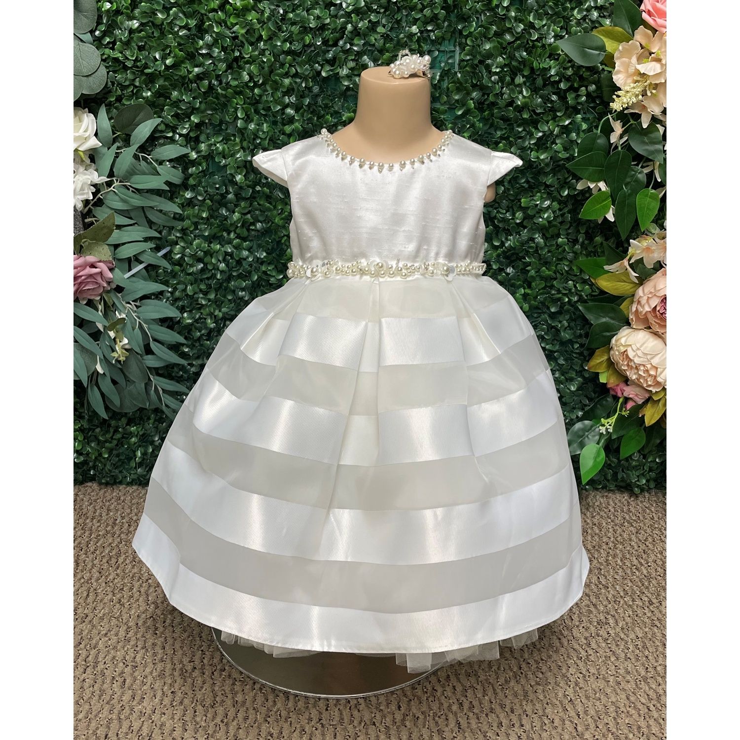 2PC WHITE SATIN & ORGANZA STRIPE DRESS PEARL TRIM & HAIRCLIP / 418
