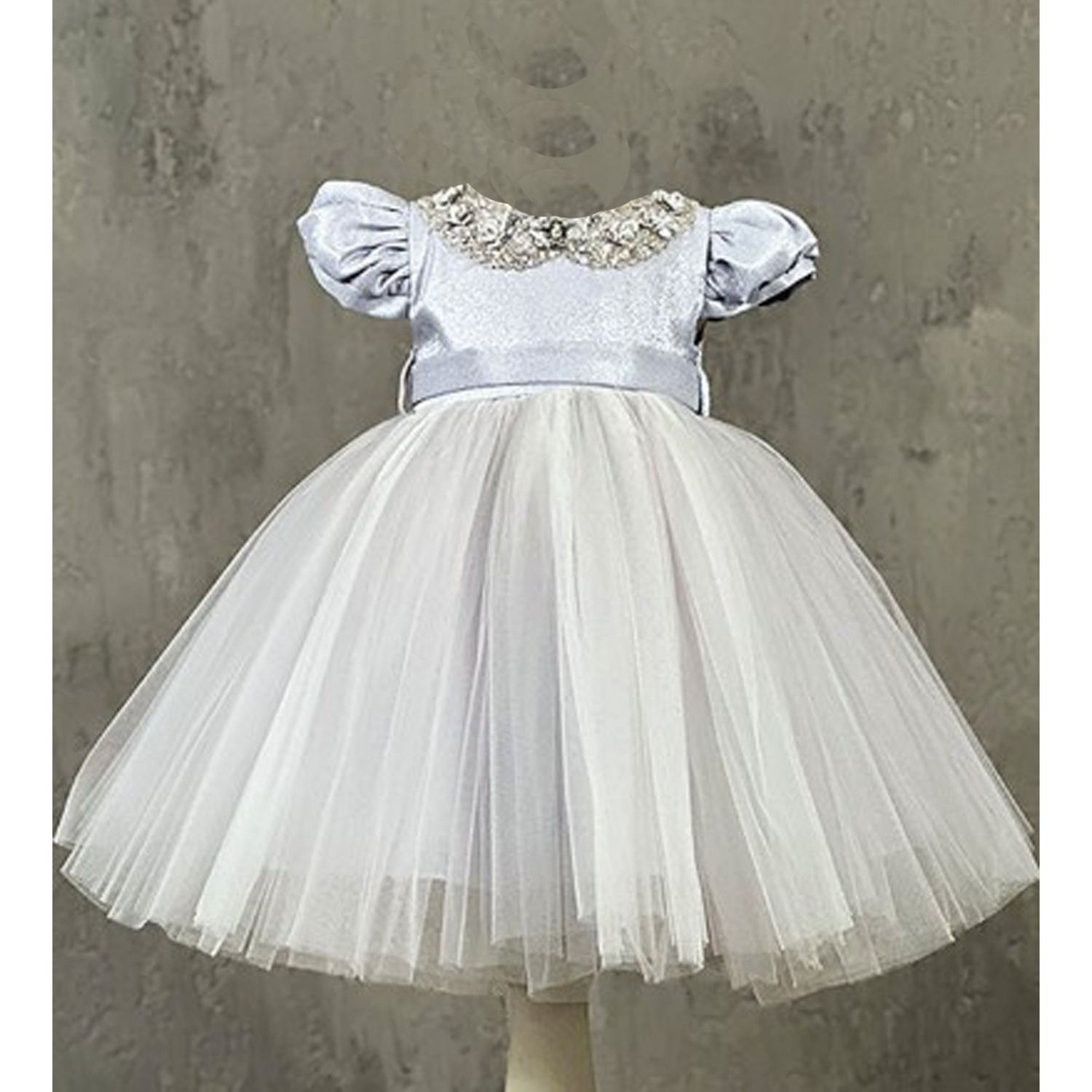 BLUE TULLE DRESS  BUGLE BEADS NECKLINE TRIM / 4110