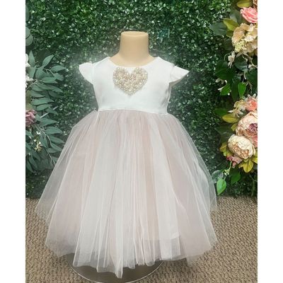 CREAM & PINK DRESS  PEARL HEART APPLIQUE / 202