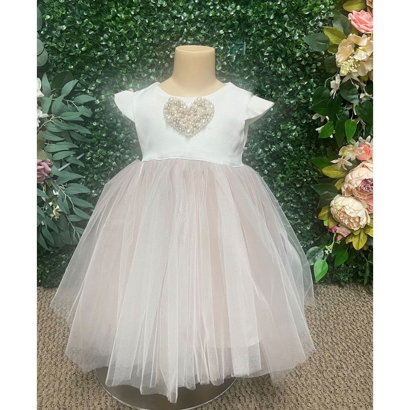 CREAM & PINK DRESS  PEARL HEART APPLIQUE / 202