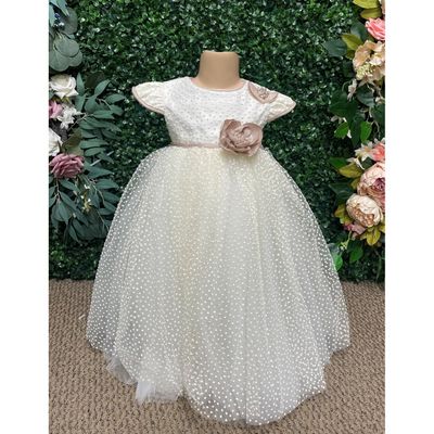 BEIGE DRESS & TAUPE ROSE  DOTTED TULLE SKIRT / 306