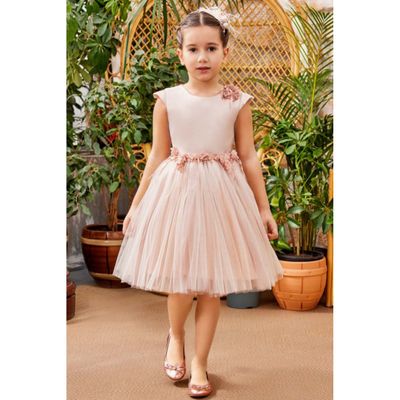 PINK SATIN & TULLE DRESS FLOWER APPLIQUE / 3402